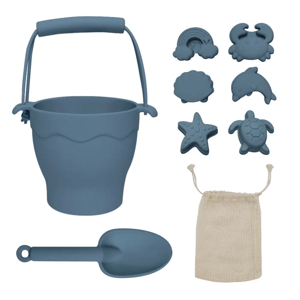 Silicone 8pc Bucket & Spade Set – Steel Blue - Sunny Bliss
