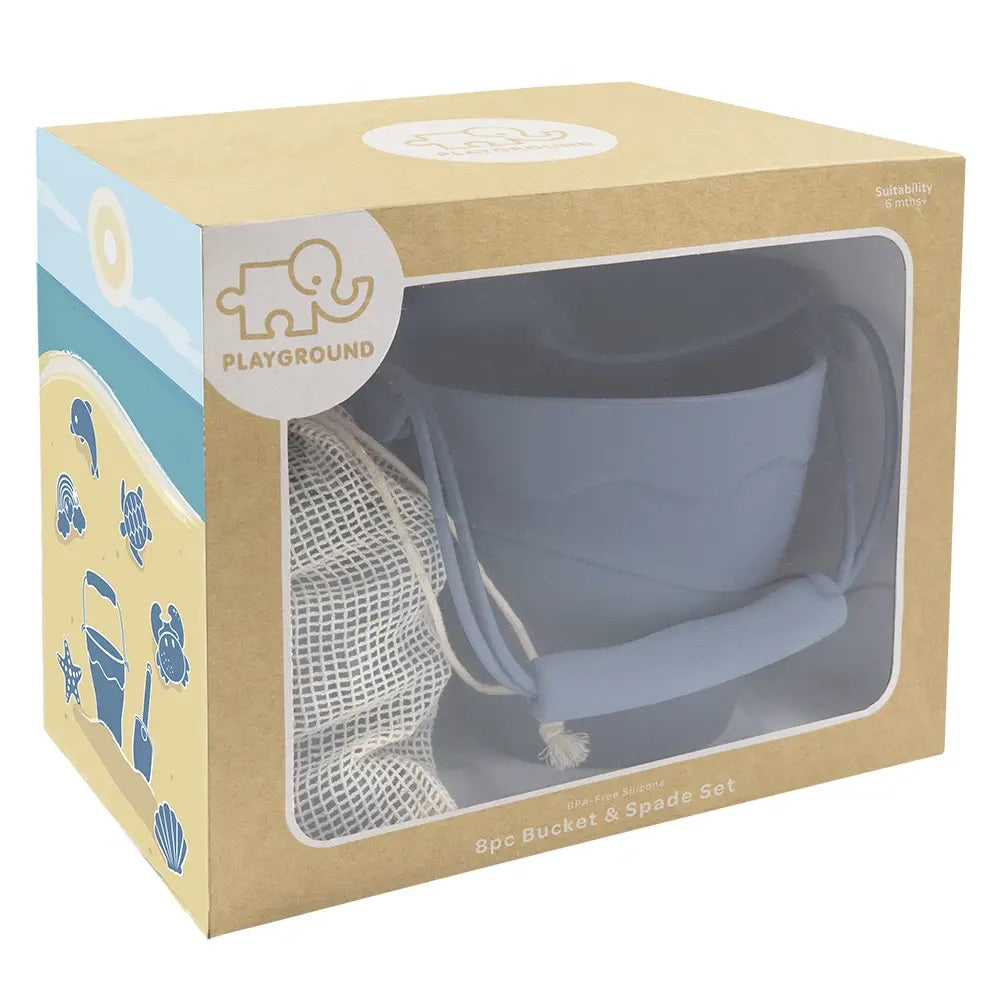 Silicone 8pc Bucket & Spade Set – Steel Blue - Sunny Bliss