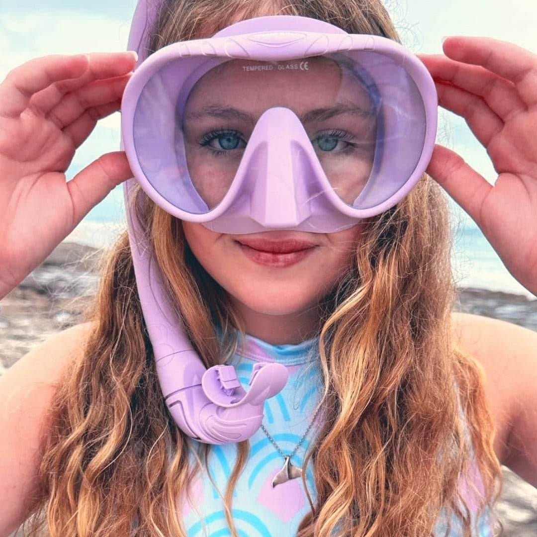 Snorkel set purple with mask + snorkel + fins for $100. Plus, get a FREE mask strap cover and mesh bag. Available in other colours too!