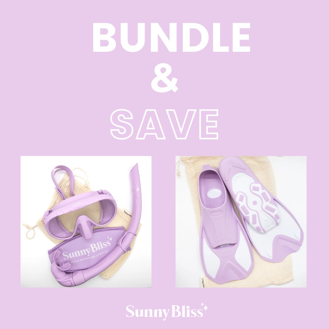 Snorkel set purple with mask + snorkel + fins for $100. Plus, get a FREE mask strap cover and mesh bag. Available in other colours too!