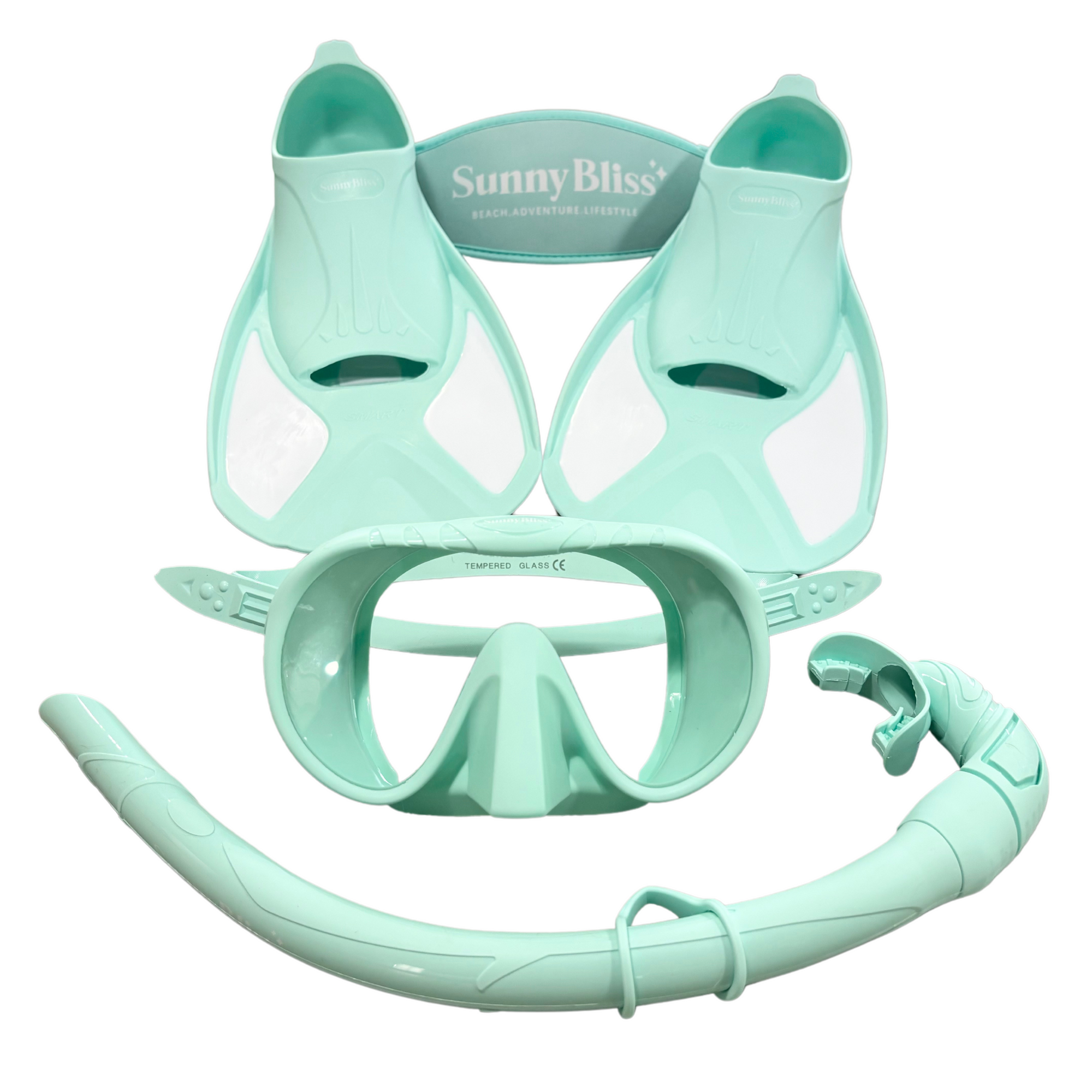 Snorkel set in green with mask + snorkel + fins for $100! Plus, get a FREE mask strap cover and mesh bag. Available in other colours too!