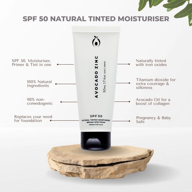 Avocado Zinc SPF 50 Natural Tinted Moisturiser - Light-Medium-vegan-friendly-safe - Sunny Bliss - Australia